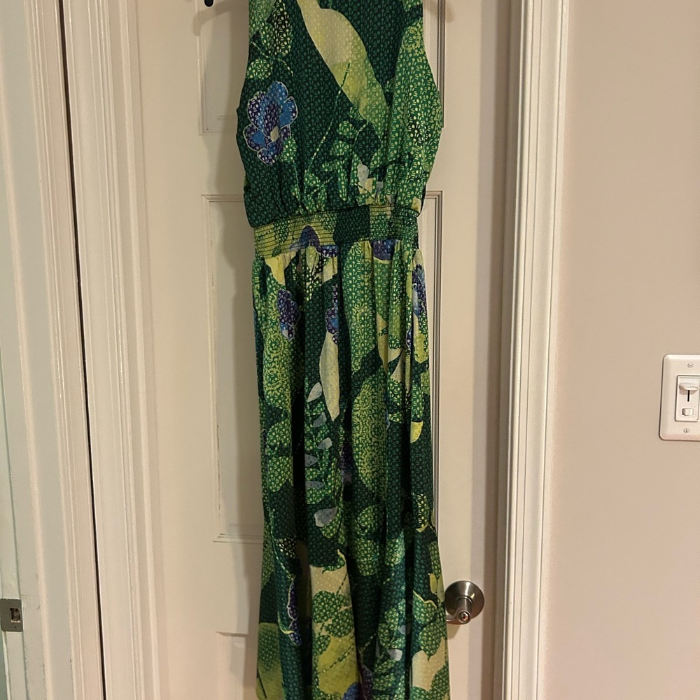 Green Tropical Floral Satin Maxi Dress